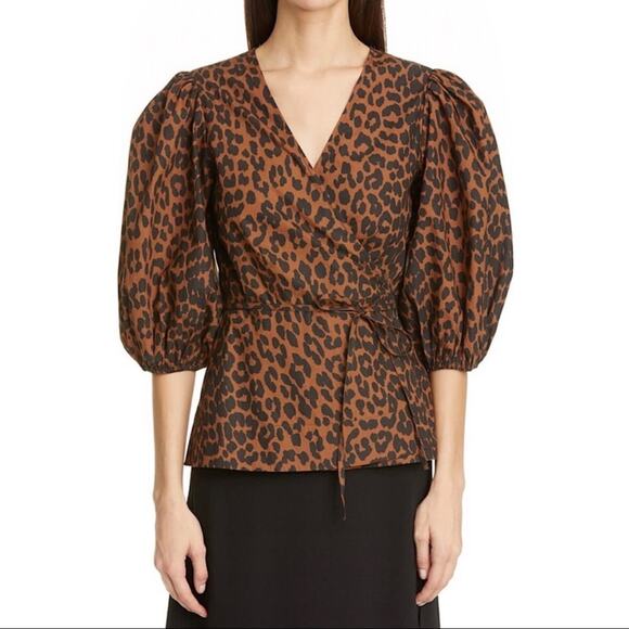 Ganni Leopard Print Balloon Sleeve Wrap Front Top - Picture 1 of 15